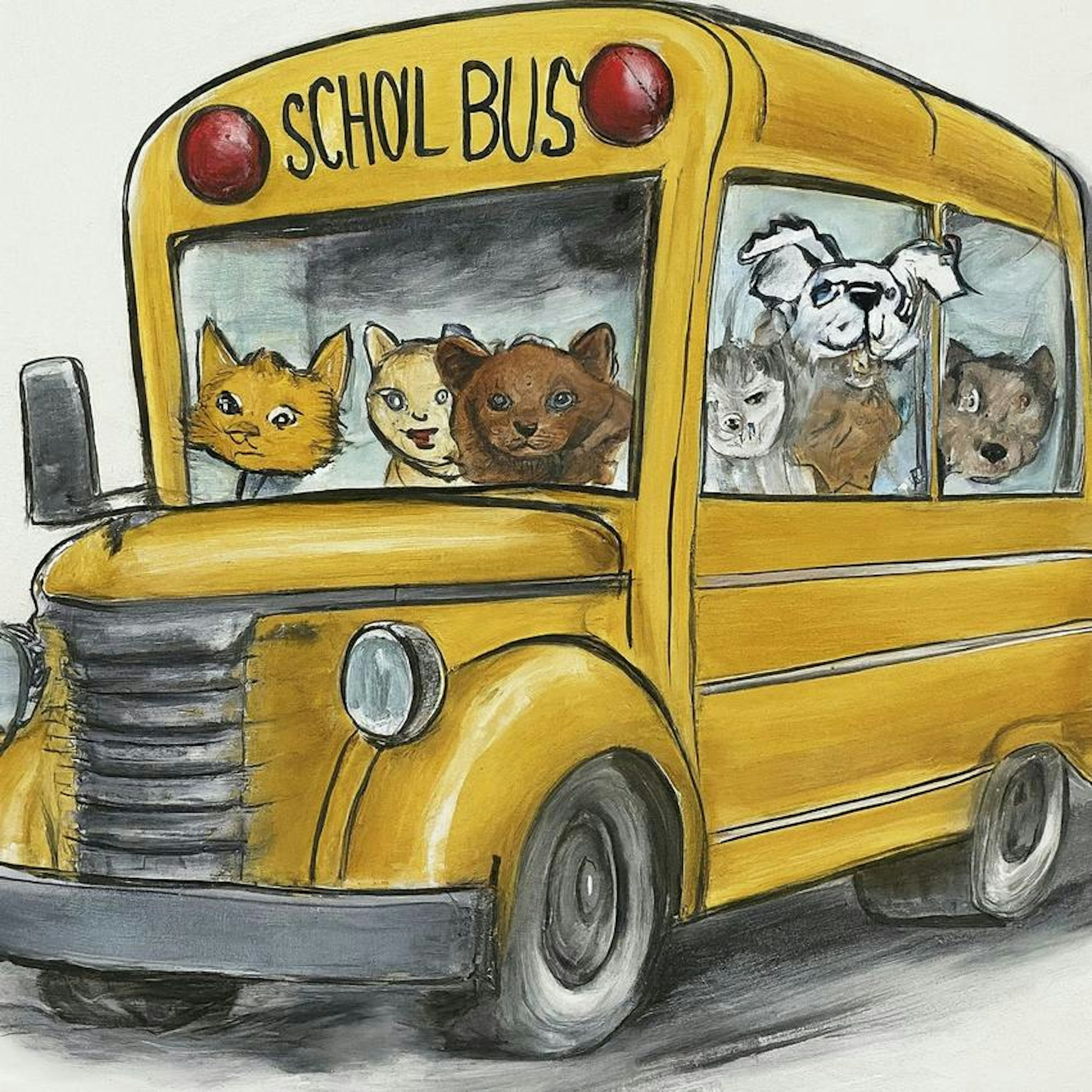 A drawing of a schoolbus full of cats and dogs