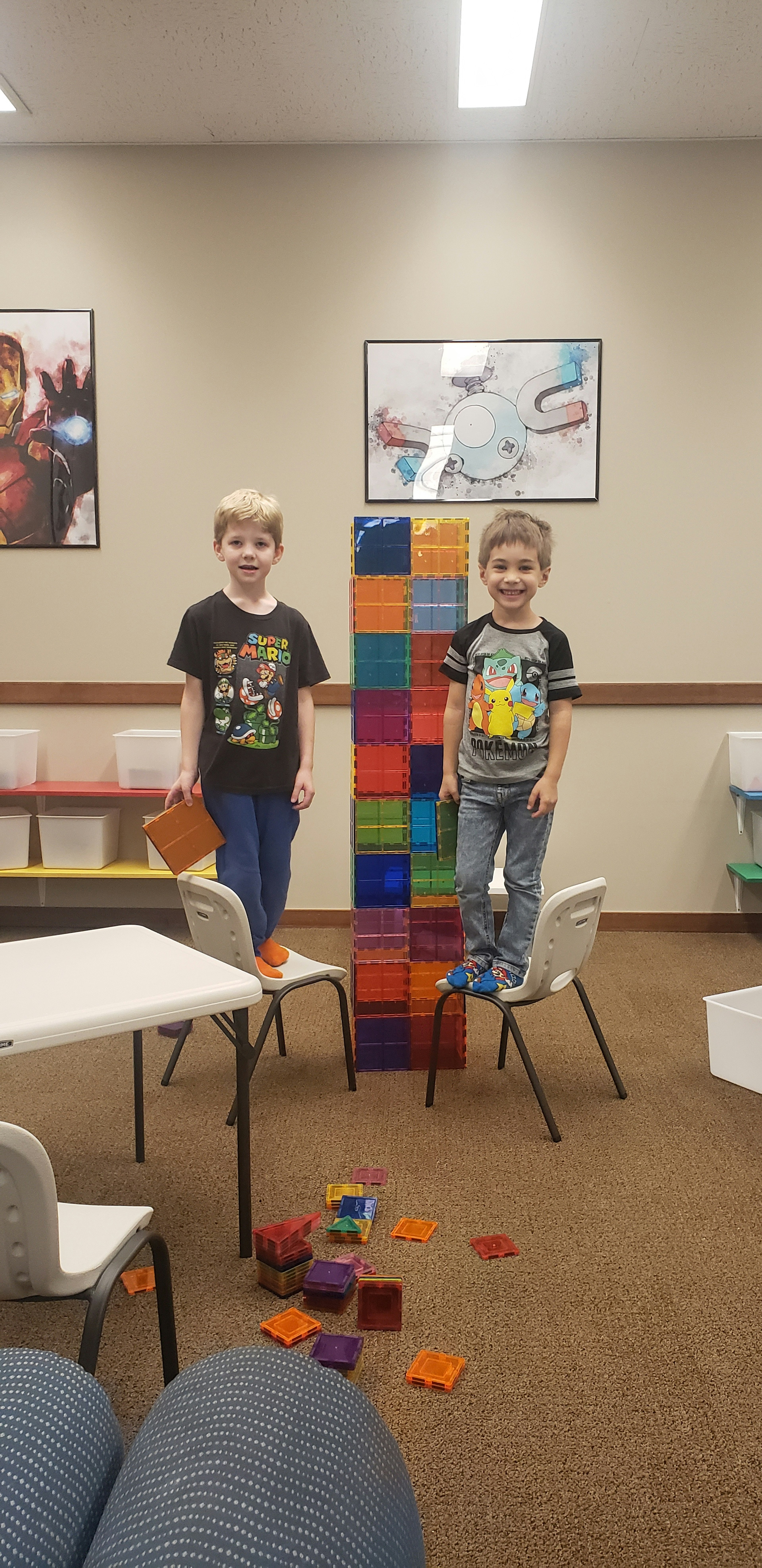 A magnet tile tower constructed in the magnet room.